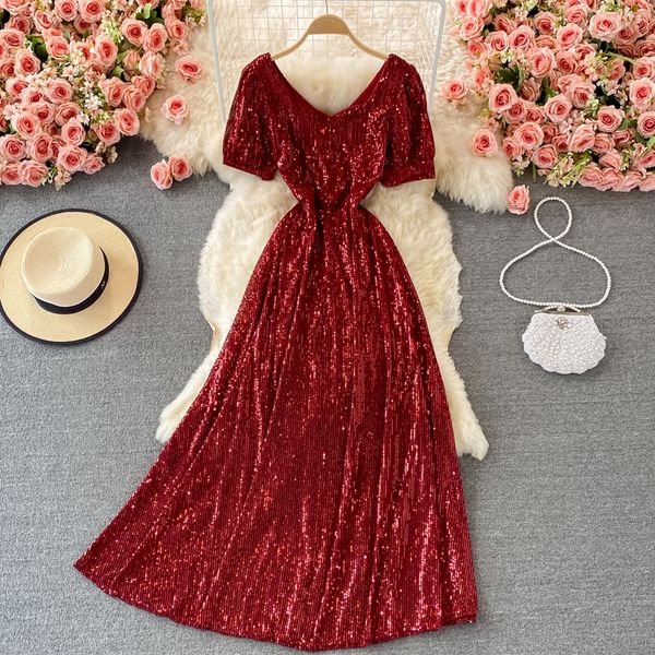 

sequins party long dress women elegant short sleeve v-neck high waist a-line club maxi robe female red/black/beige vestidos, Black;gray