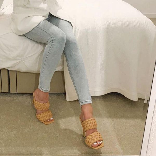 

summer leather braided high heel sandals women runway party shoes cross wove folds mules thin woman, Black