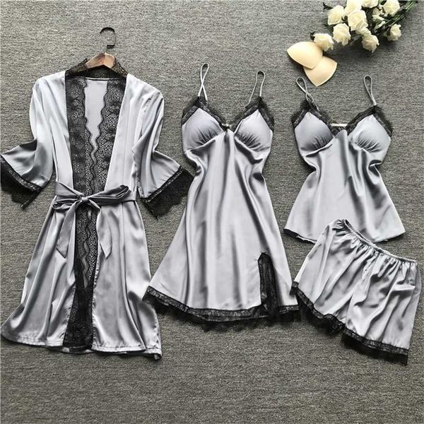 

qweek pajamas for woman home clothes silk lace pyjamas satin sleepwear pijama homewear summer with chest pads 211126, Black;red