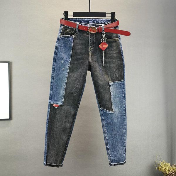 

women's jeans 2021 black blue panelled women denim high waist spring autumn loose cross-pants streetwear fashion pants