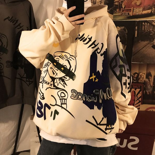 

women's jackets female winter autumn y2k graffiti loose hip hop shoulder tread with hoodie student trend plus velvet male sweater coupl, Black;brown