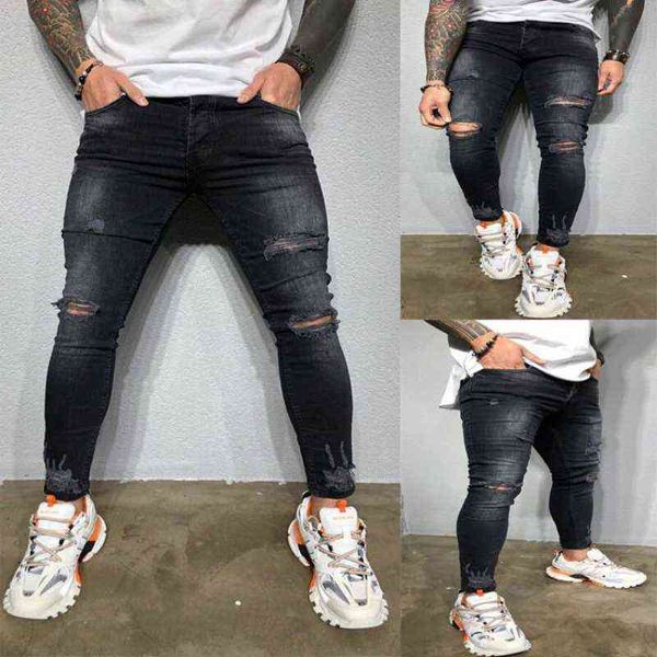 

mens black ripped skinny jeans with small feet pencil pants stretch slim moto&biker hip-hop street denim pants jean clothing men, Blue