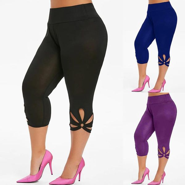 

women's leggings women high waist cropped trousers pants elastic bandage loose size solid hollow casual all-match fitness jeggings, Black