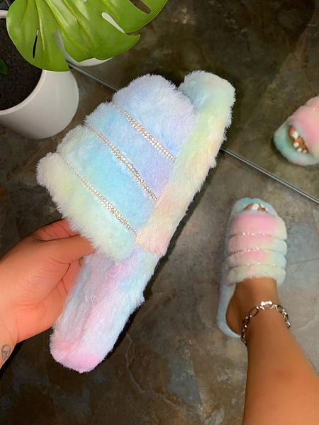 

factory wholesale autumn and winter style rhinestone sponge cake thick bottom open toe flat one word female home slip slippers, Black