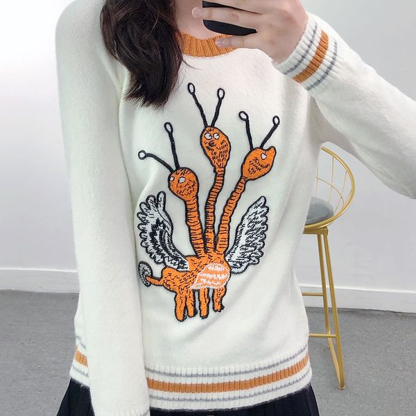 

women's sweaters black harajuku sweater women white pullover autumn winter round neck full contrast animal embroidery knit gkop, White;black
