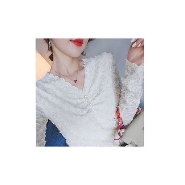 

women's sweaters soft non tie lined v-neck lace bottomed shirt autumn eyelash lace blouse top, White;black