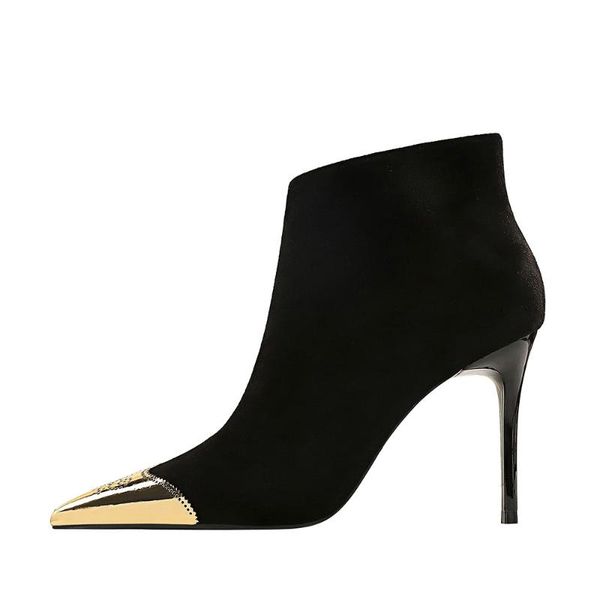 

boots ummewalo ankle length flock women pointed toe thin heels high heel shoes winter side zippper ladies, Black