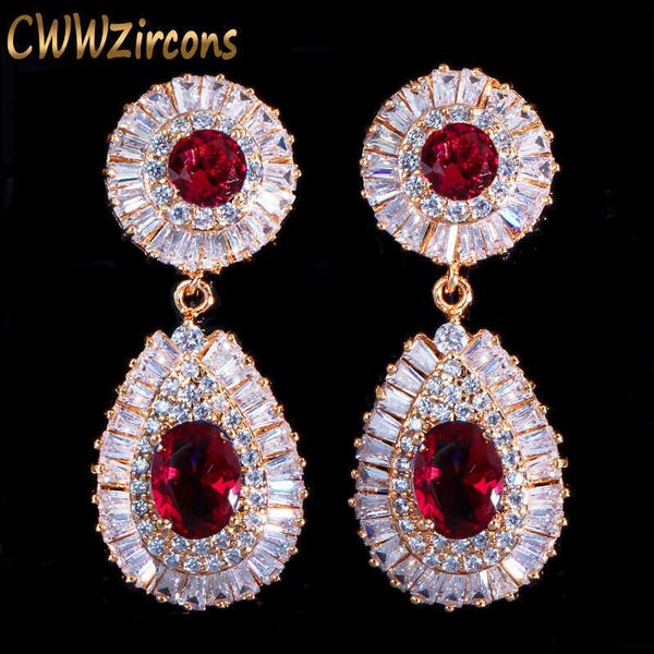 

light yellow gold color full square and round cubic zirconia pave drop wedding earrings with red crystal cz319 210714, Silver