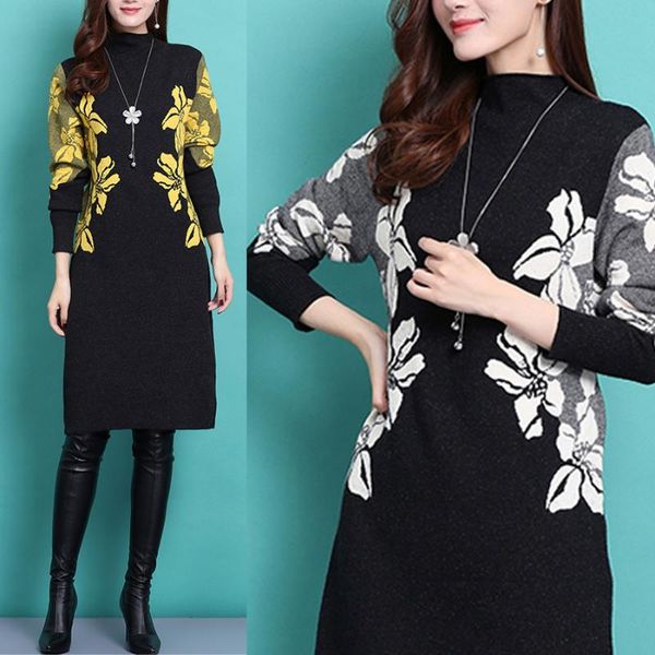 

casual dresses fall winter fashion elegant woman yellow white flower knitting pencil sweater dress , mandarin collar stretch for, Black;gray