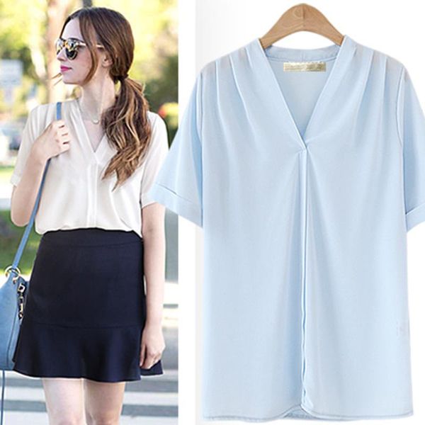 

women's blouses & shirts office lady blue short sleeve shirt summer 2021 big size v-neck easy casual, White