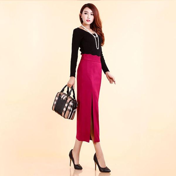 

customize plus size 10xl high slim waist women slit bodycon pencil midi skirts saias femininas summer style office skirt, Black