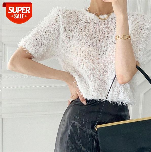 

ins knitted short-sleeved t-shirt female temperament all-match round neck #bj54, Black;gray