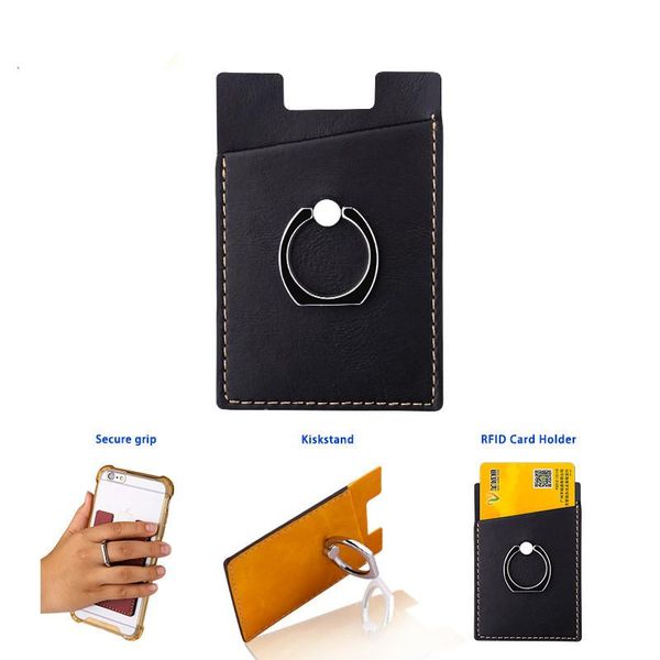 

card holders mobile phone holder with pocket adhesive sticker leather back 2 in 1 finger ring stand, Brown;gray
