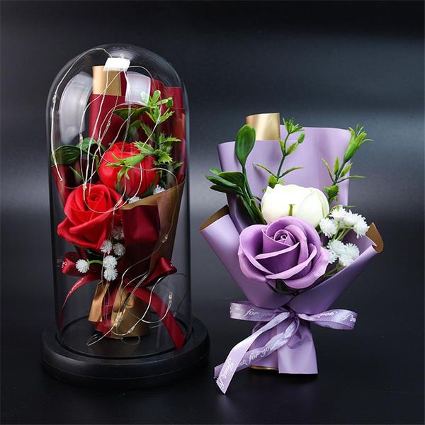 

luxury led rose lamp bouquet soap artificial flowers with fake grass eternal roses room decor christmas mom gifts for girls decorative & wre