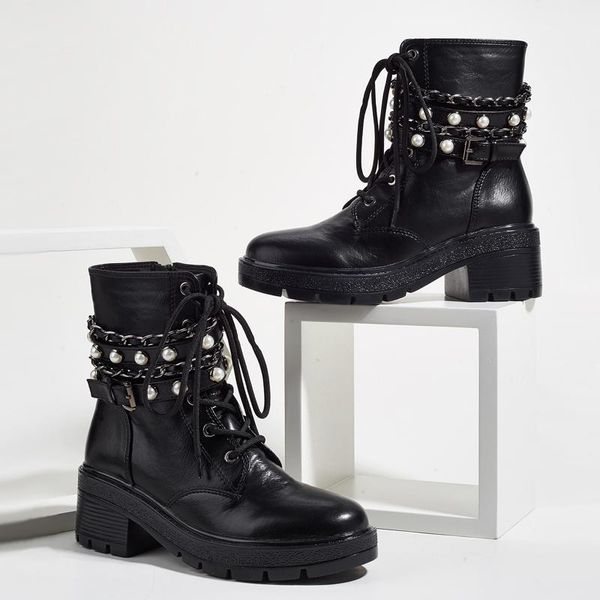 

boots women motorcycle fashion chain platform black punk high heel ankle boot autumn chunky heels vrouwen schoenen