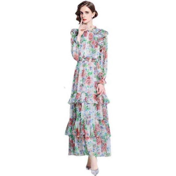 

banquet dress women's long early autumn heavy industry sleeve bubble elastic printing large swing chiffon cake, Black;gray