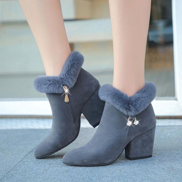 

boots fashion women fur winter warm pointed ankle rhinestone decoration zipper comfortable female shoes, Black