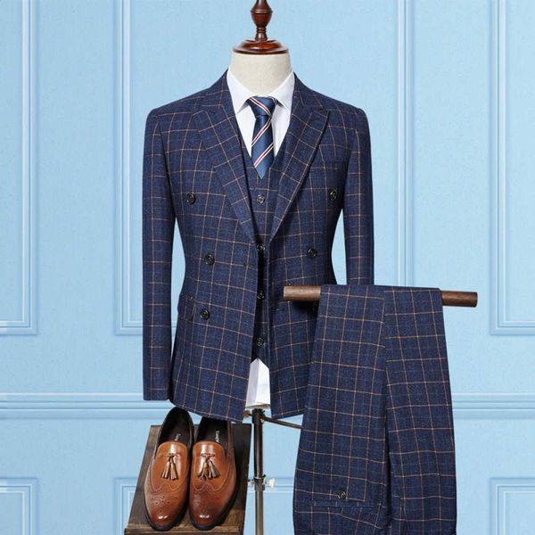 

men's suits & blazers trend of double male fashion breasted suit korean style chess british plaid three sets wedding match takim elbise, White;black