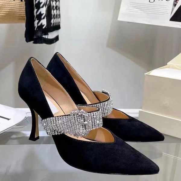 

dress shoes suede pumps for women diamond buckle decor high heels ladies party designer fashion chic, Black
