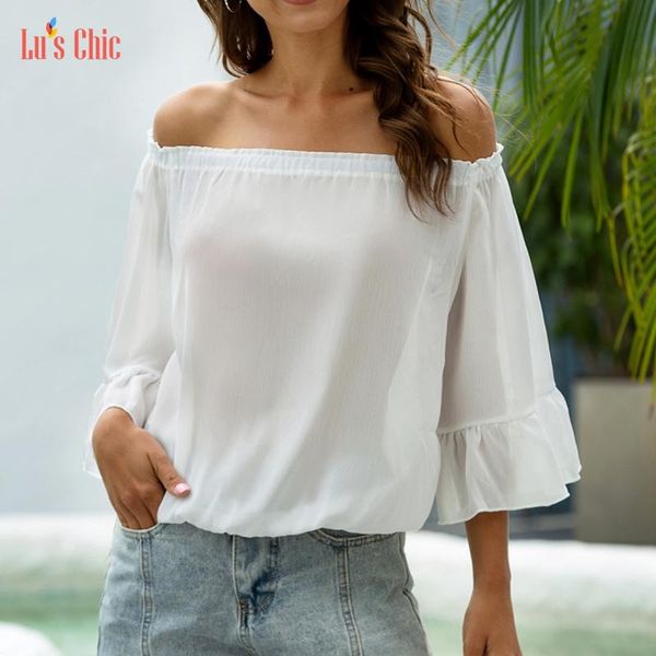 

women's blouses & shirts lu's chic long sleeve off shoulder shirt chiffon blouse ruffle tunic ladies casual print loose fit falba, White