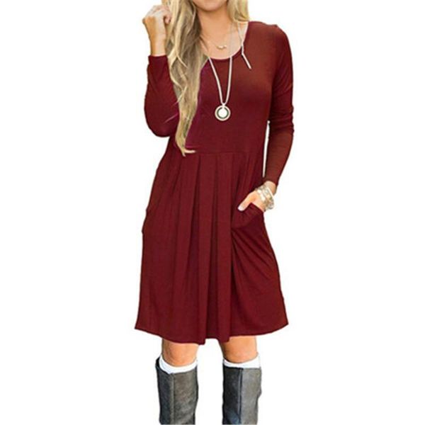 

casual dresses summer autumn women keen-length solid o-neck loose long sleeve dress vestido multiple colors 2xl 6q2077, Black;gray