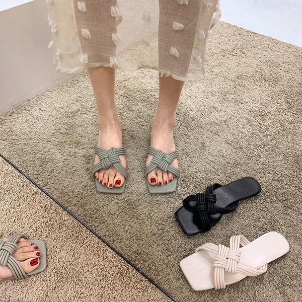 

fashion braid leather slippers women summer flat heel sandals open toe casual holiday weekends outside slides dargs, Black