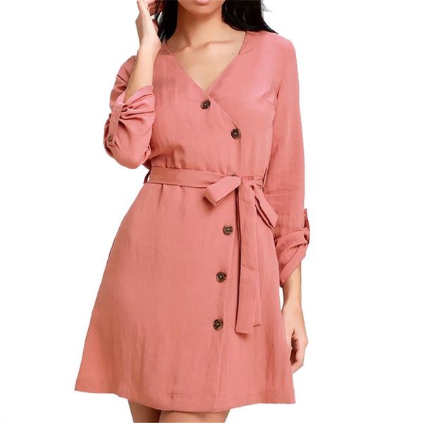 

casual dresses 2021 spring summer fashion solid color dress women v-neck three quarter sleeve buttons bandage chiffon 3.29, Black;gray