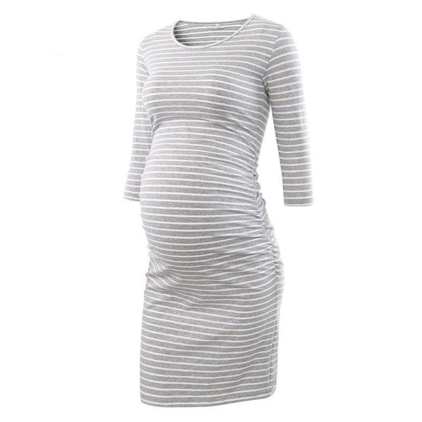 

women's ruched maternity dress o-neck stripe half sleeve casual wrap dresses clothes for pregnant summer spring, White