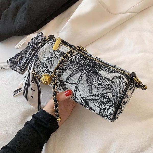 

evening bags flower pattern cylindrical armpit crossbody bag with short beading belt for women 2021 chain shoulder handbags and purses