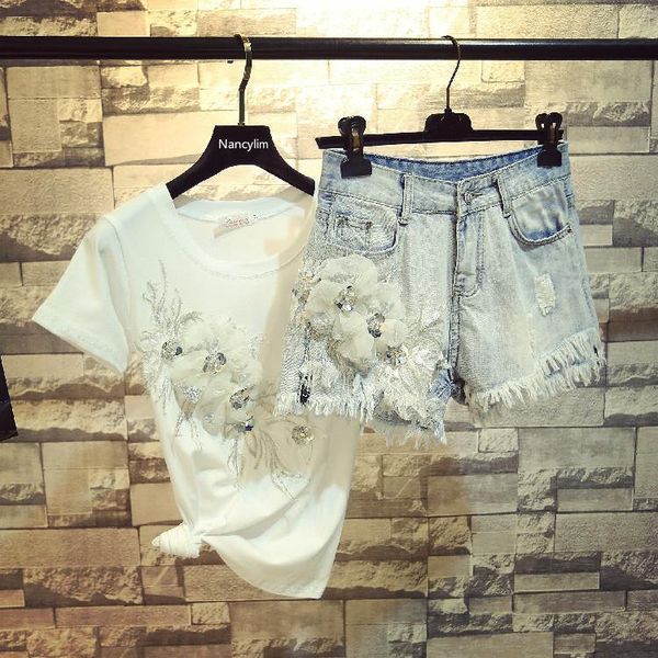 

two piece dress 2021 summer fashion flowers t-shirt white tee + denim jean shorts twopiece set women ripped hole jeans sets female outfit