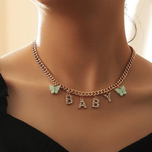 

pendant necklaces korean cute butterfly choker necklace for women girls baby honey angel crystal letters collar trendy jewelry gifts, Silver