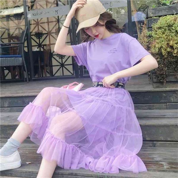 

summer arrival elegant 2 piece set women short sleeve t-shirts + fairy gauze skirt 210527, White