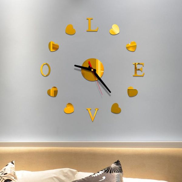 

wall clocks heart love reloj de pared clock mirror acrylic home decor diy simple design frameless giant modern watches 3d sticker