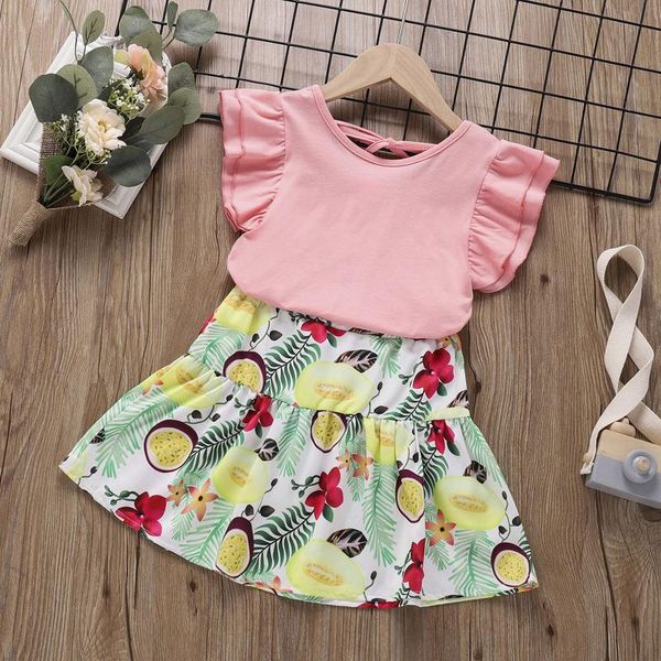 

40# children clothes baby girls solid ruffle sleeve t-shirts neckline tie high waist floral skirt outfits sets ropa niÃ±a clothing, White