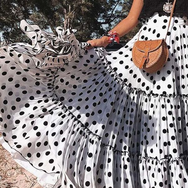 

womens skirt plus size polka dot skirts women maxi layered high waist summer long pleated beach jupe femme, Black