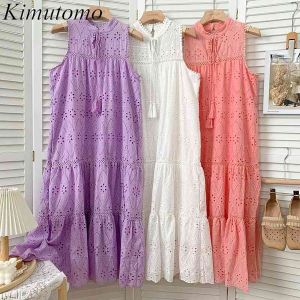 

kimutomo solid holiday wind dress women summer embroidery hollow out lace tassel sleeveless tank dress female elegant 210521, Black;gray