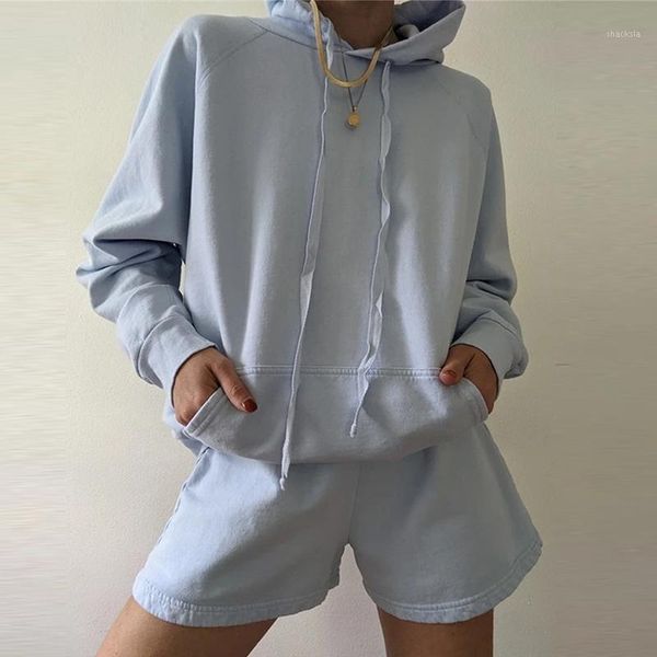 

women's tracksuits women solid lace up hat long sleeve 2 piece set lady mini shorts simple basic all match casual loose for autumn fash, Gray