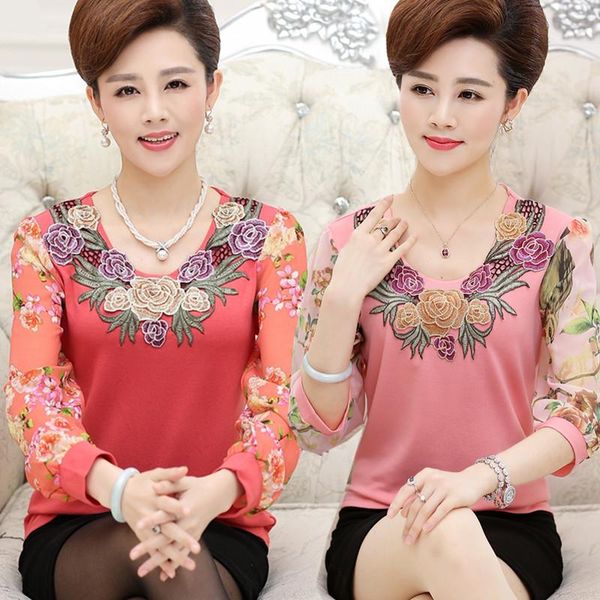 

women's t-shirt spring summer women tee shirts chiffon sleeve embroidery collar mother clothing plus size slim pullovers, White
