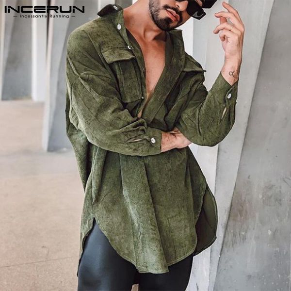 

men's casual shirts 2021 mid-length suede loose autumn winter vintage lapel collar button up blouse s-5xl incerun, White;black