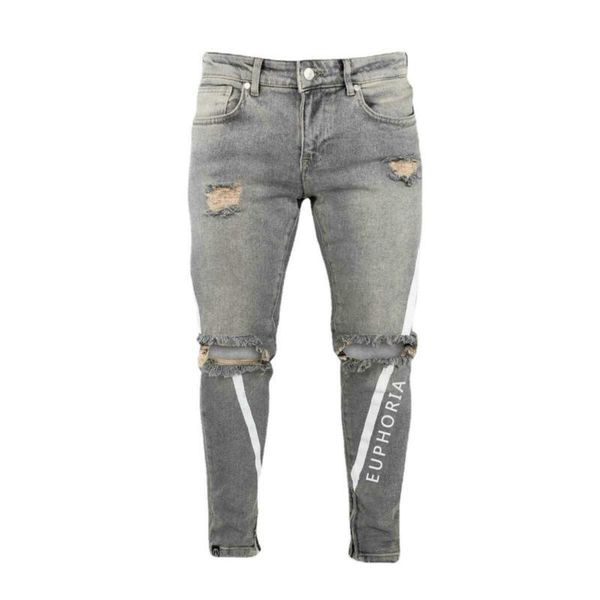

men's jeans men slim fit long denim distressed stretchy pencil pants skinny summer fashion 2021 striped printed hole trousers, Blue