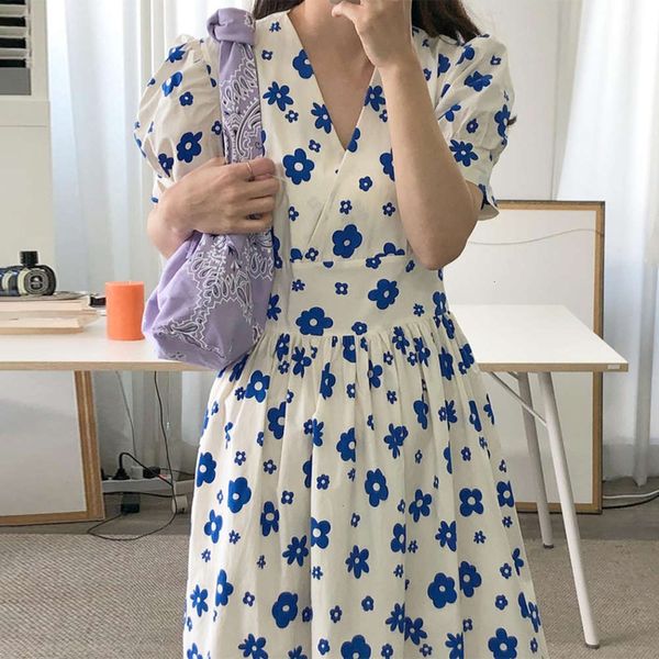 

casual dresses dress women clothessummer elegant v-neck pleated waist slim daisy bubble sleeve f gl7m, Black;gray