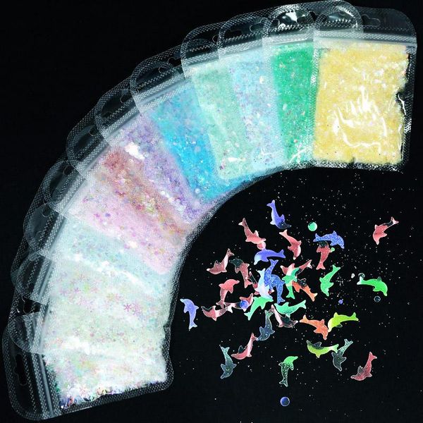 

nail art decorations 5g/bag irregular shape(snow/dolphin/butterfly/five-pointed star) paillette polish manicure diy sequins and powder, Silver;gold