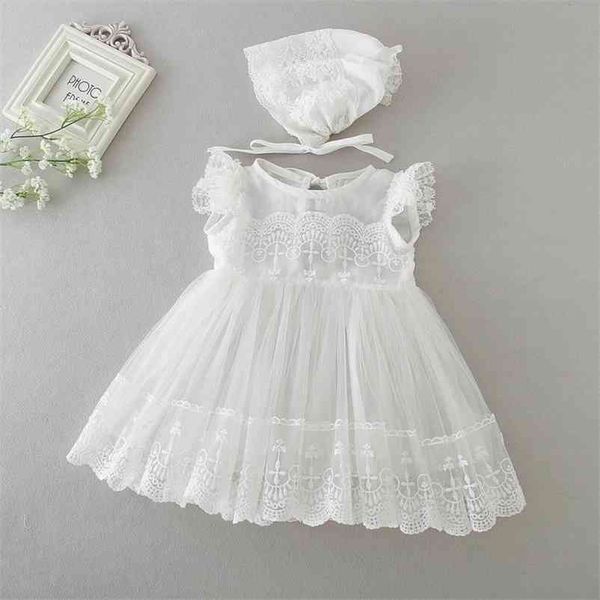 Vendita al dettaglio Summer Thin White Born Baby Girl Abito da battesimo Primo compleanno Princess Bow Battesimo Dress + Hat 9769BB 210610