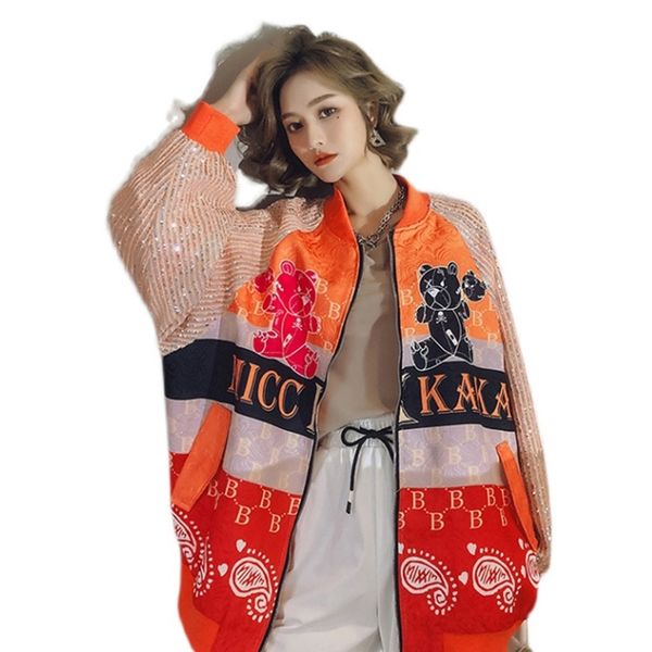 

autumn women long sequins print patchwork loose coat 210914, Tan;black