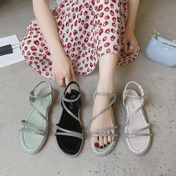 

sandals 2021 comfort shoes for women suit female beige breathable summer heels rhinestone black low girls flat gladiator