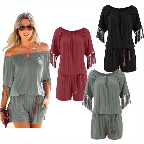 

womens one line collar short sleeve tassel jumpsuit cool casual jump beach rompers sleeveless bodycon playsuit, Black;white