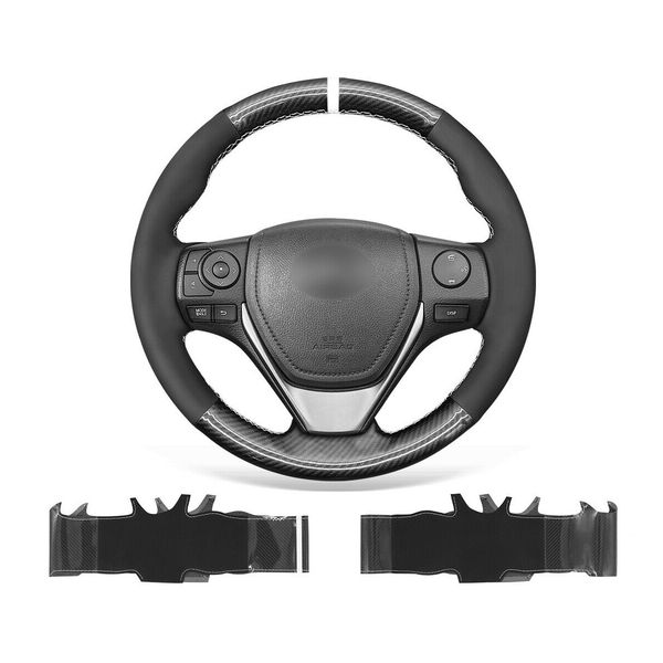 

car steering wheel cover warp for toyota rav4 non-slip durable black suede pu carbon fiber white thread white marker