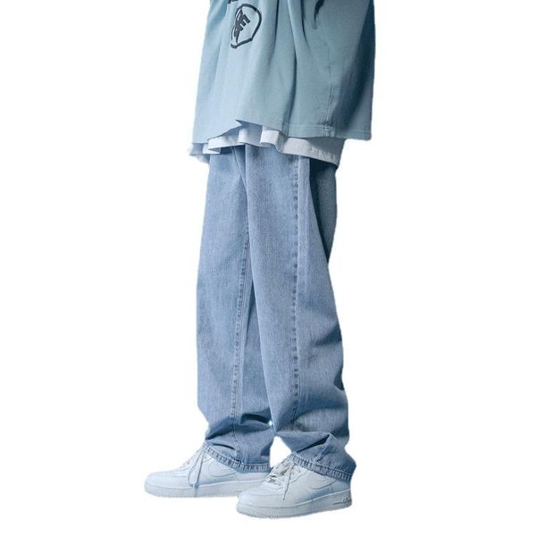 

men's jeans solid color straight summer loose denim trousers streetwear casual pants, Blue