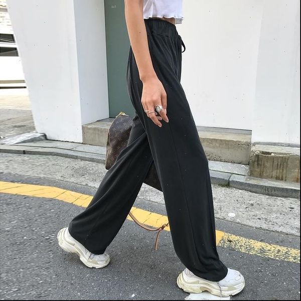 

straight large size casual womens pant solid wide leg trousers streetwear suit full length loose pants long women lace up, Black;white