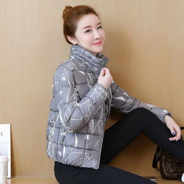 

women's trench coats printing winter jacket women stand collar short coat warm parkas zipper plus size cotton c5649, Tan;black